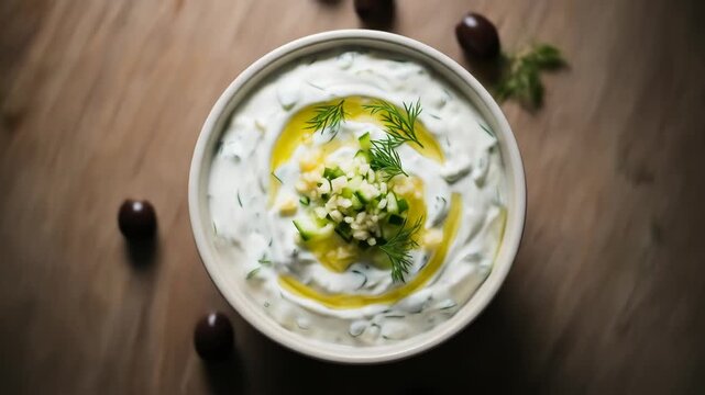 Creamy Tzatziki Sauce with Olive Oil and Fresh Herbs in Bowl