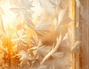 Close-up of frost crystals on a window pane, illuminated by sunlight