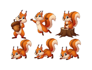 Six Whimsical Orange Squirrels With Bushy Tails In Various Playful Poses On Black Background