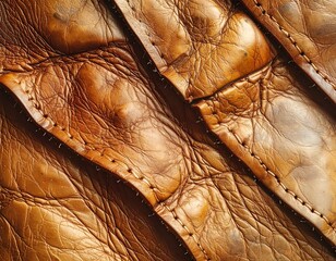 Close-up of rich, textured, stitched leather, showing detail