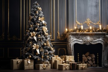 Naklejka premium Luxurious living room decorated for holidays with christmas tree and wrapped presents