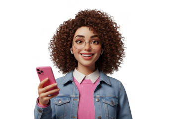 Young woman with curly hair holding a pink smartphone isolated on white background