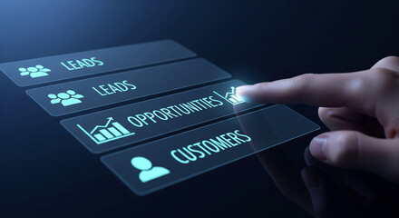 Fingertip selects opportunities on a digital interface, visualizing business growth and customer acquisition.