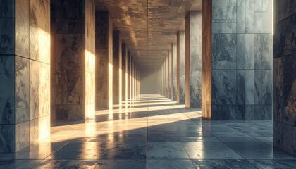 Long corridor with pillars, marble walls and glowing sunlight