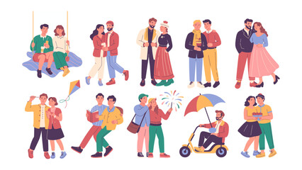 Fototapeta premium Couples and Their Moments: A vibrant illustration showcasing diverse couples in various settings. It captures the essence of togetherness.