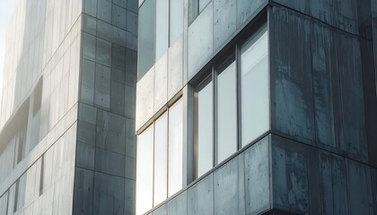 Modern concrete building facade with large windows and a minimalist design