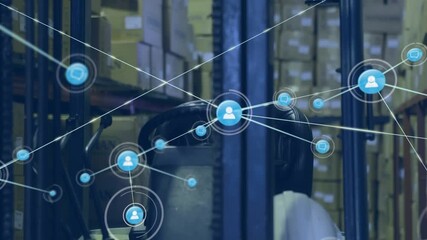 Animation of network of digital icons against close up of forklift machine at warehouse - Powered by Adobe