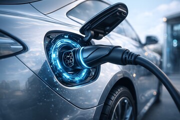 Electric car charging with futuristic glowing interface showing clean energy concept and vehicle technology innovation outdoors in daylight setup. Ai generative