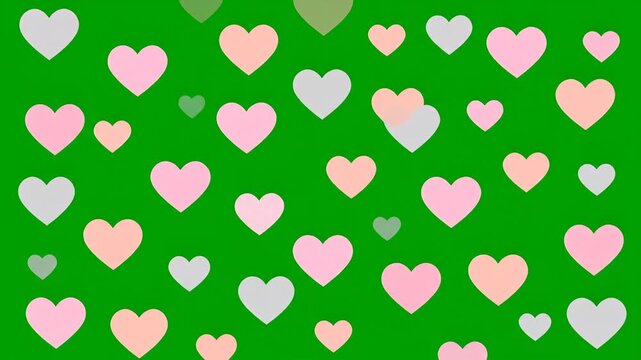 Numerous pastel hearts in pink, peach, and light gray scattered on a vibrant green background, creating a cheerful and loving pattern.