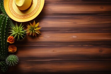 Fototapeta premium Western themed still life featuring a sombrero, cacti, succulents, and roses on a rustic wooden table with copy space