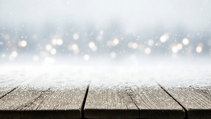 Snow covered wooden planks with falling snow and bokeh lights winter