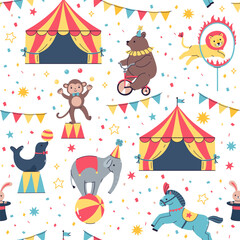 Seamless pattern with circus animals and tents. Vector graphics.