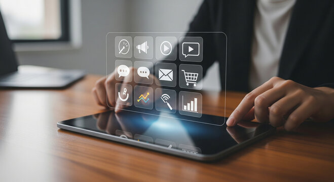 Person interacting with a digital interface of business and marketing icons on a tablet. - Powered by Adobe