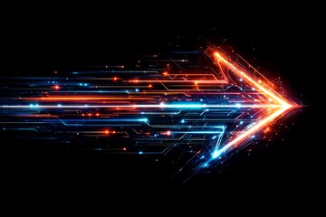 Futuristic glowing arrow made of digital neon lines and light effects on black background, symbolizing speed, data transfer and innovation concept. Ai generative