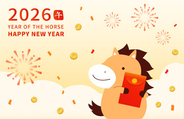 Naklejka premium Cute 2026 Year of the Horse Chinese New Year Background with Red Envelope