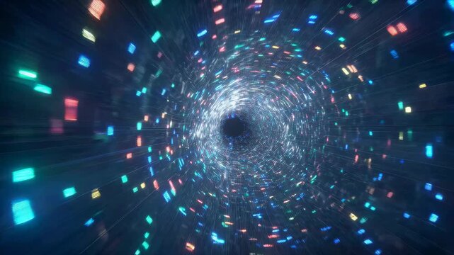 Colorful digital vortex tunnel with glowing particles swirling in motion. Represents the concept of data flow and technological advancement