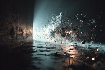 Explodierende Partikel im Lichtdurchbruch zwischen Dunkelheit und Energie mit Textfreiraum