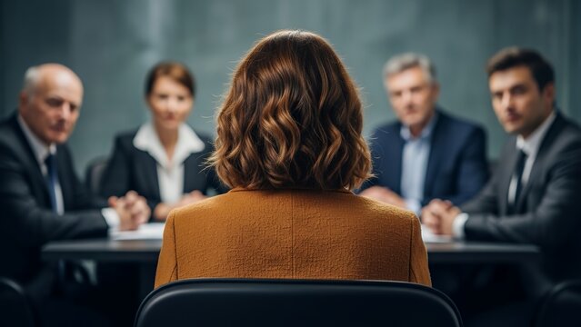 Job candidate during interview with team in modern office setting