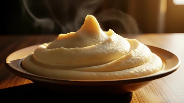 Warm Steaming Mashed Potatoes on Plate in Sunlit Kitchen Setting