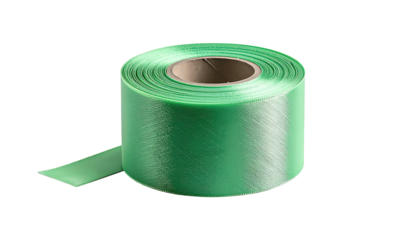A roll of green plastic tape with the end unwound against black