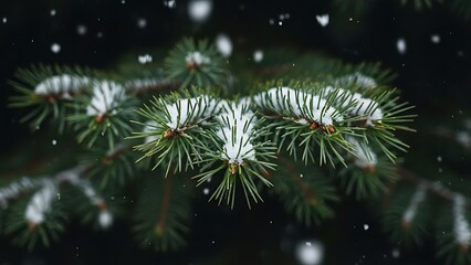 Snow covered pine tree branches with falling snowflakes winter