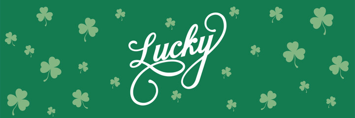 Vibrant hand-drawn script text "Happy St. Patrick's Day" in white calligraphy on a rich emerald green background scattered with playful green shamrocks. Festive vector banner design ideal for holiday.