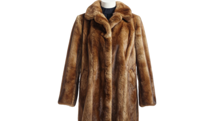Full-length brown fur coat displayed on a mannequin, front view