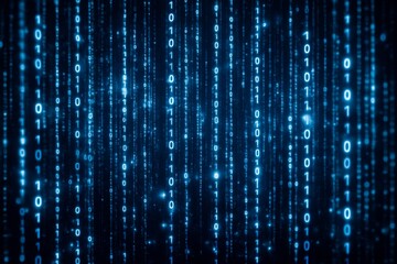 Glowing binary code streams falling vertically on dark background representing futuristic data flow and digital technology concept in cyberspace style. Ai generative