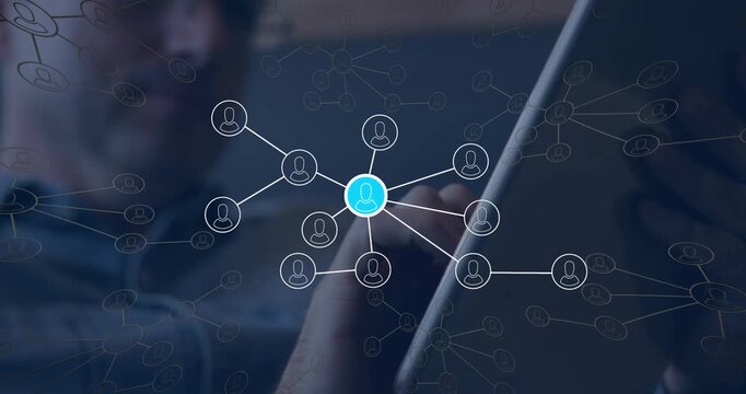 Animation of network of connections with icons over caucasian businessman using tablet