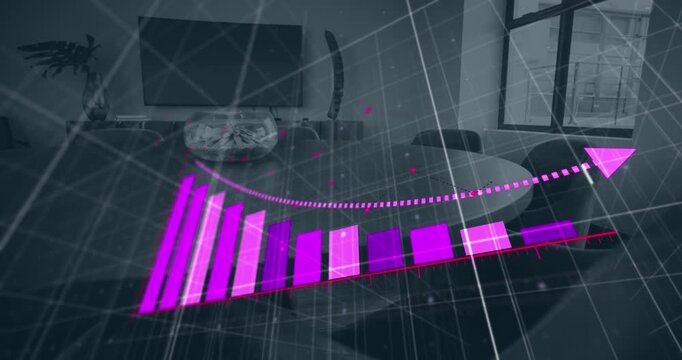 Animation of bar graph representing loss over empty chairs and table arranged in office