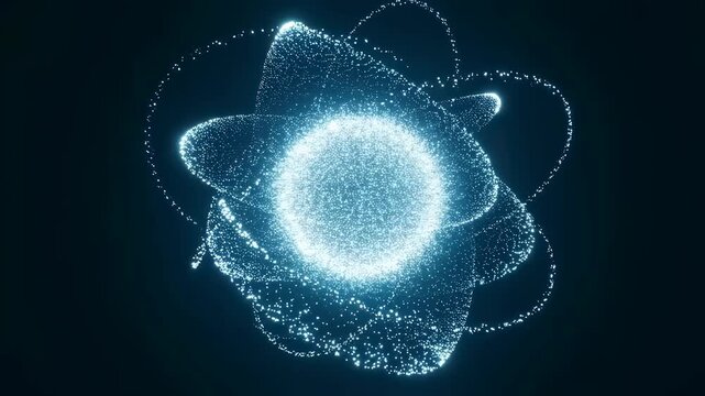 Glowing atomic structure with rotating particles in a dark background. Represents the fundamental building blocks of matter and scientific exploration