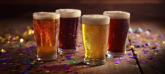 The beer glasses lined on a rustic wooden table with festive confetti