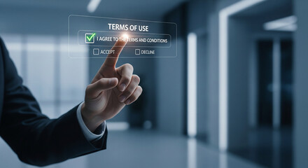 Businessman accepts terms of use on a digital interface with a checkmark.