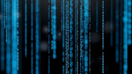 Abstract Blue Digital Data Stream Background. Falling Binary Code on Black. Technology, Cyber Security & Programming Concept.