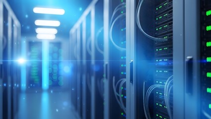 Modern Data Center Server Room with Blue Light. Cloud Computing and Network Infrastructure for Digital Information Processing.