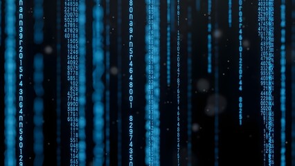 Falling Blue Digital Code Stream on Black. Abstract Data Flow & Technology Background.