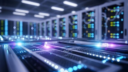 High-tech server room with glowing lights, depicting data processing and cloud computing infrastructure
