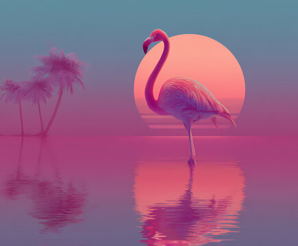 vibrant flamingo silhouette against miami vice style background lifestyle minimalist
