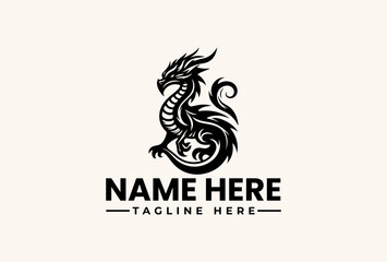 Fototapeta premium A black dragon logo with flames and a placeholder text 'NAME HERE' and 'TAGLINE HERE' on a beige background, featuring a vector illustration style with a pictogram logo and icon design