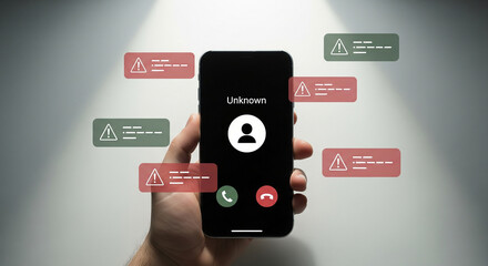 Hand holding smartphone displaying an incoming call from an unknown number with warning alerts