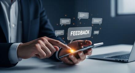 Businessman reviewing customer feedback on a smartphone with digital chat bubbles
