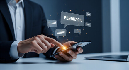 Business professional using smartphone to give customer feedback and reviews with glowing digital elements.