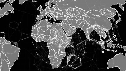 Animation of molecule structures, connected dots forming globes and map over black background - Powered by Adobe