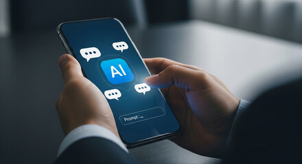 Person interacting with AI chatbot on smartphone, modern technology concept