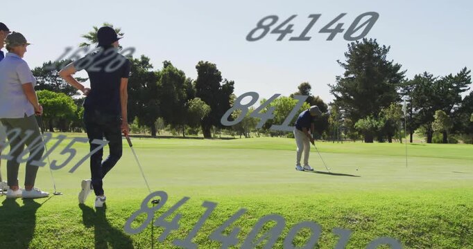 Animation of changing numbers over diverse golf player watching competitor missing hole on ground