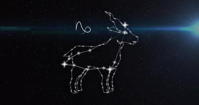 Animation of connected dots forming capricorn symbol and lens flares over black background