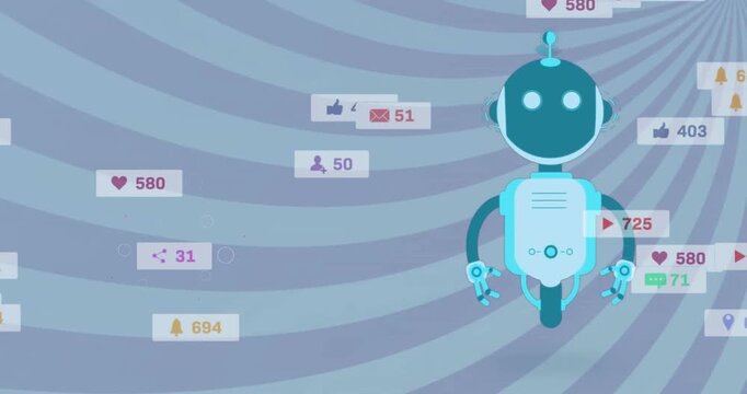 Animation of flying robot and notification bars over striped pattern against blue background