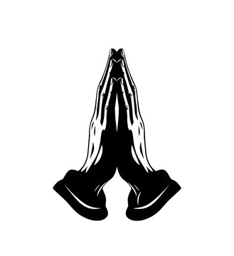 Stylized Abstract White Praying Hands Silhouette Against Black Background