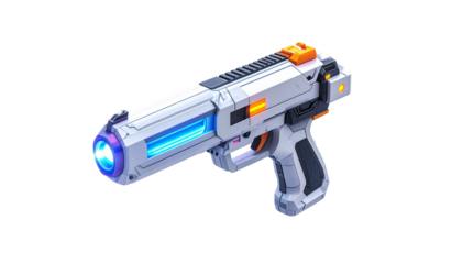 Stylized, futuristic pistol with glowing blue barrel and orange accents