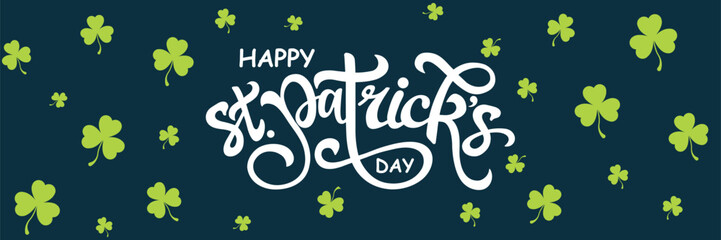 Elegant white hand-drawn calligraphy "St. Patrick's Day" with a cheerful green leprechaun hat atop, set against a deep navy blue background adorned with scattered green shamrocks.
